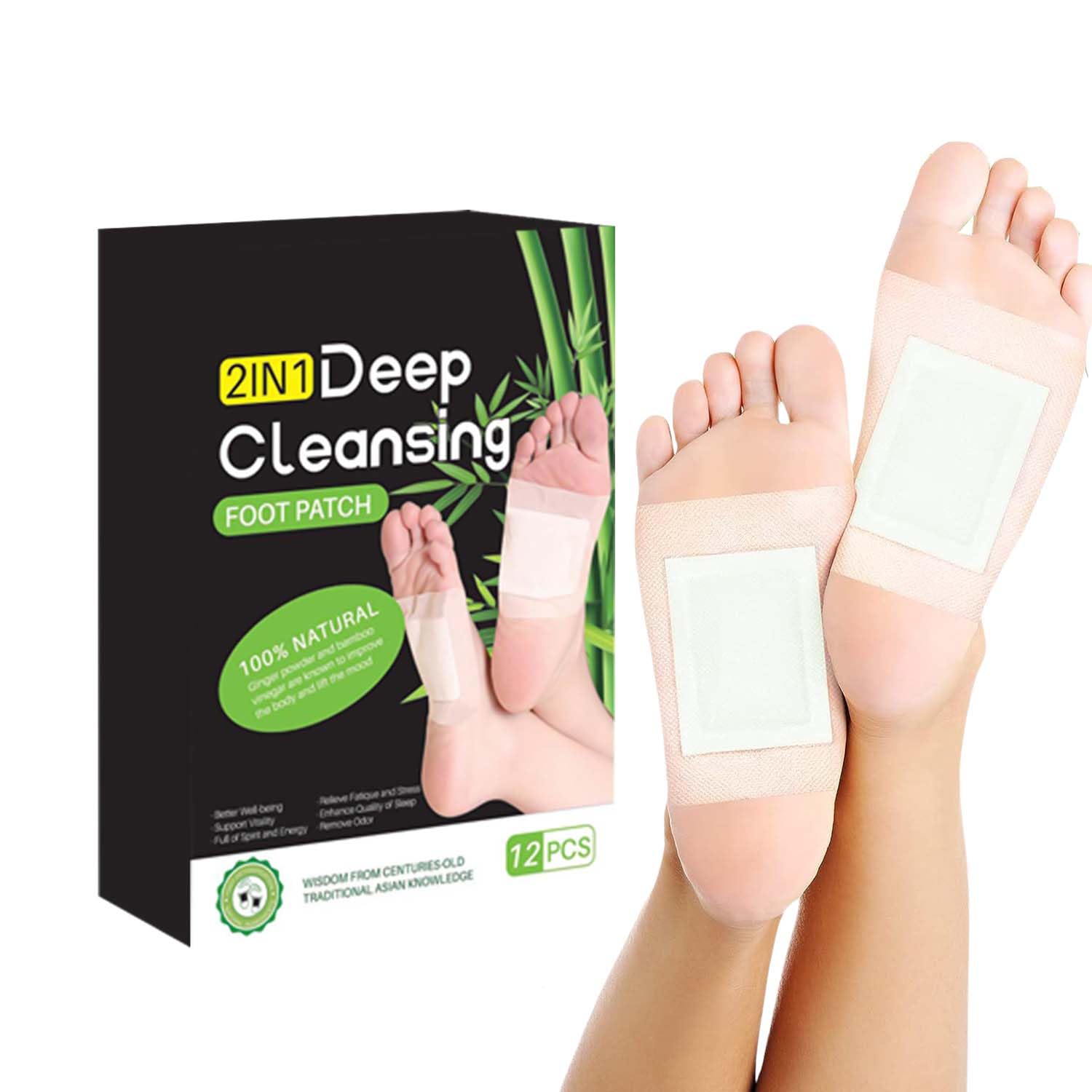 2 in 1 Detox Foot patch for detoxification Made with Natural Ginger Powder and Bamboo Vingar 12 pcs Pack Detox Foot Patches Deep cleansing | Stress Relief, Improve Sleep Pain Relief | Foot Pads for Men and Women