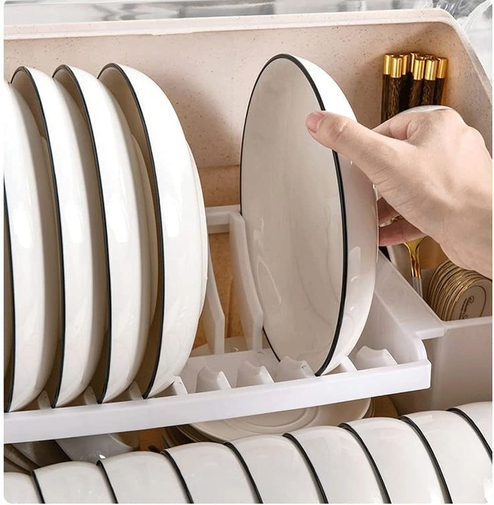 Scola Piatti Scolapiatti da Cucina Stoviglie Ciotola Bacchette Scatola di Immagazzinaggio in Plastica Coperchio Grande Contenitore A Doppio Strato Asciugastoviglie(Pink)