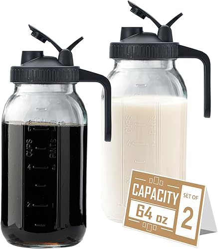 Miniatura 7 de Jarra de vidrio de 64 onzas con tapa, jarra de 2 cuartos de galón con boquilla, recipiente de leche a prueba de fugas para refrigerador, jarra de