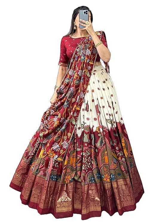 dharm choice Women's Trending Designeer Tussar Silk Lehenga Choli Print with Foil Work With Unstitched Blouse Patola Print Adorned with Foil Work For Navrati || Wedding (JANKI OFF WHITE)-picture-15
