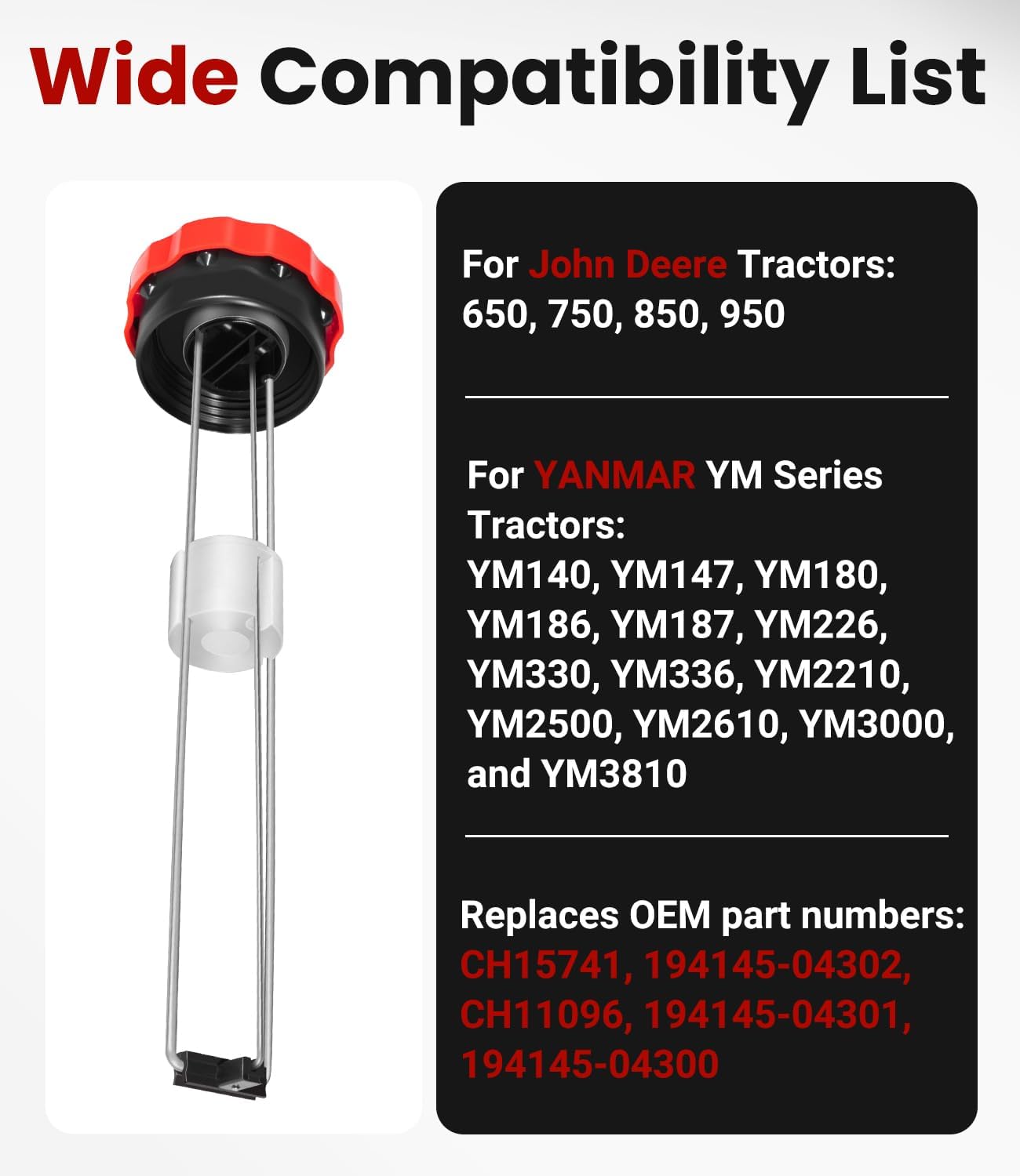 CH15741 Fuel Tank Cap with Gauge for John Deere 650 750 850 950 and Yanmar YM140 YM147 YM186 YM226 YM336 YM2500 YM3000 Tractors, Replaces 194145-04302 194145-04300 194145-04301 CH11096