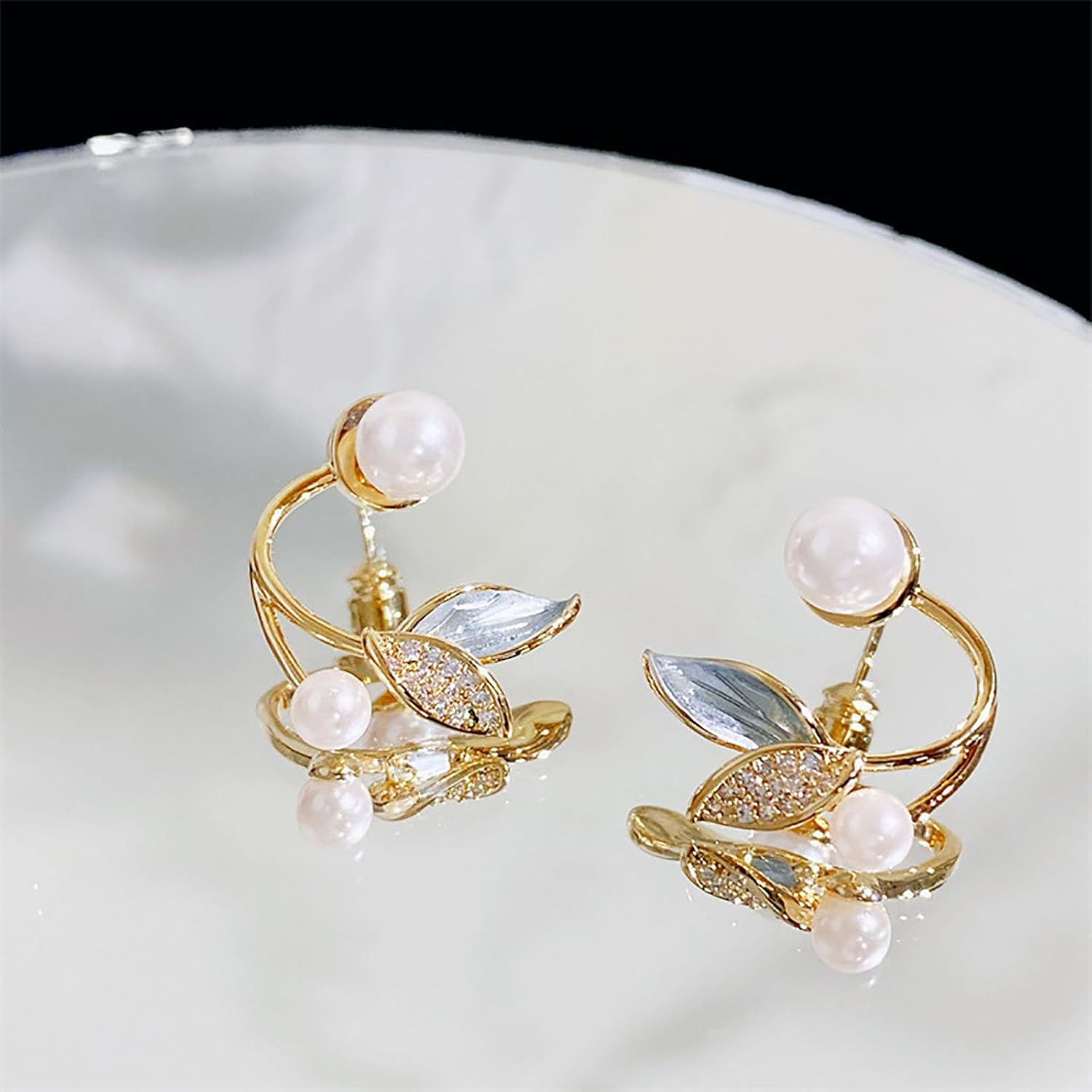 W WEILIRIAN Gold Leaf Pearl Jacket Earrings - Image 8