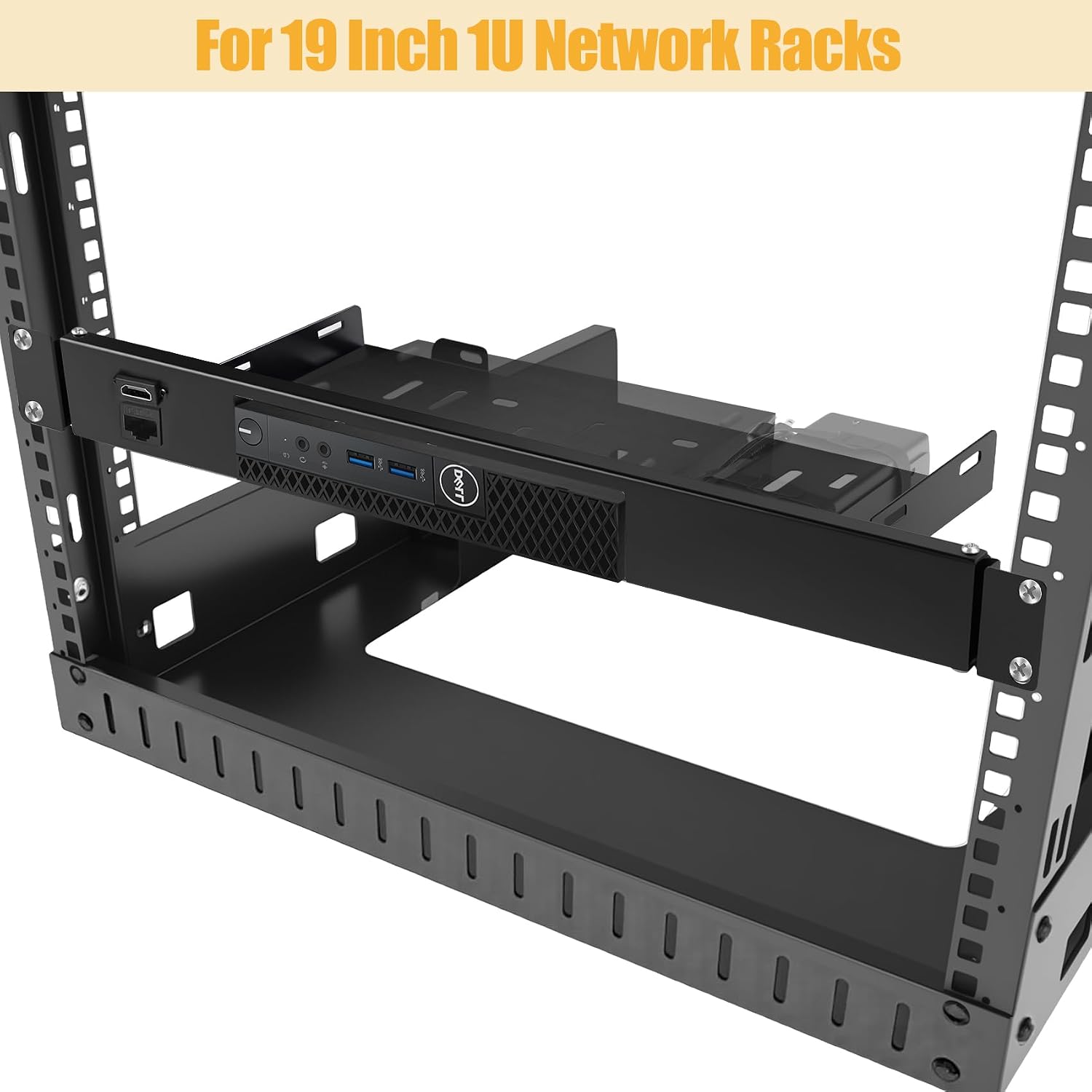 19-Inch 1U Rack Mount for Dell OptiPlex Micro (MFF), Fits 19" Cabinet, Compatible with Lenovo Tiny and HP Desktop Mini, Heavy-Duty Hinged Server Shelf with Front RJ45 & HDMI Ports