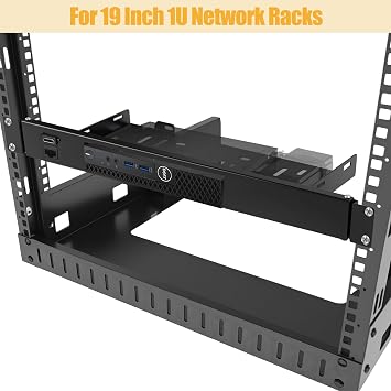 19 Inch 1U Mini PC Rack Mount with RJ45 CAT6 Port & HDMI Port, Compatible with Dell OptiPlex Micro Lenovo Tiny and HP Desktop Mini,Heavy-Duty Hinged Server Shelf
