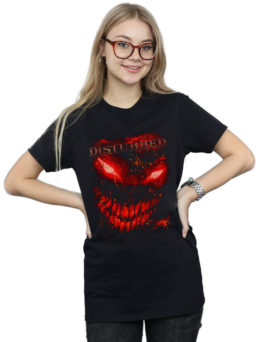 Absolute Cult Women's Black Disturbed Splat Face Boyfriend Fit T-Shirt XX-Large