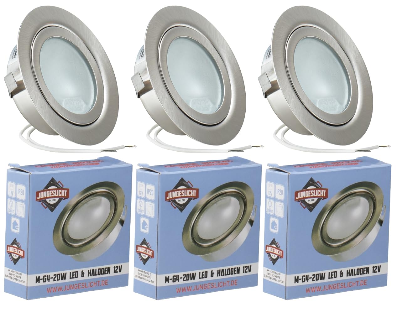 JungesLicht 3er Set Halogen Möbeleinbauleuchte DIMMBAR inklusive 12V 20Watt G4 Leuchtmittel und 10cm Anschlusskabel Spiegelleuchte Möbelleuchte Schrankleuchte Schrankbeleuchtung flache Leuchte