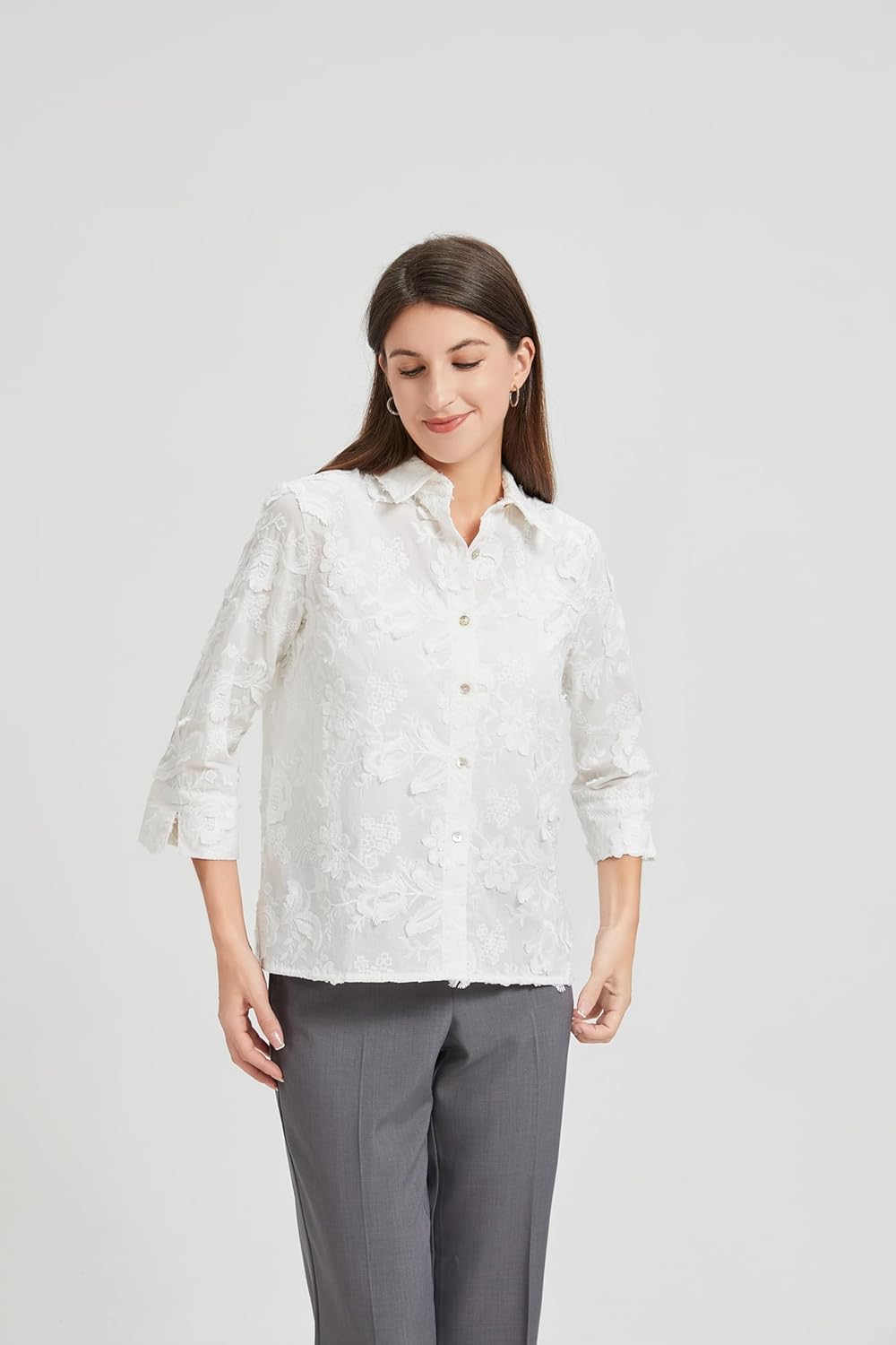 KYAL Women's White Button-Down Shirt Long Sleeve - Summer Casual & Office Blouse - Image 2