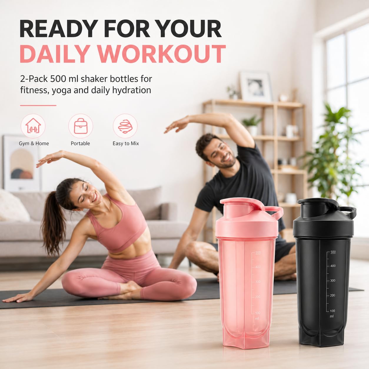 2 sztuki shaker do białka, 500 ml, kubek z kulką do blendera i skalą do picia, szczelny i odporny na uderzenia – butelka do fitnessu do uprawiania sportu, treningu i podróży (czarna + różowa)
