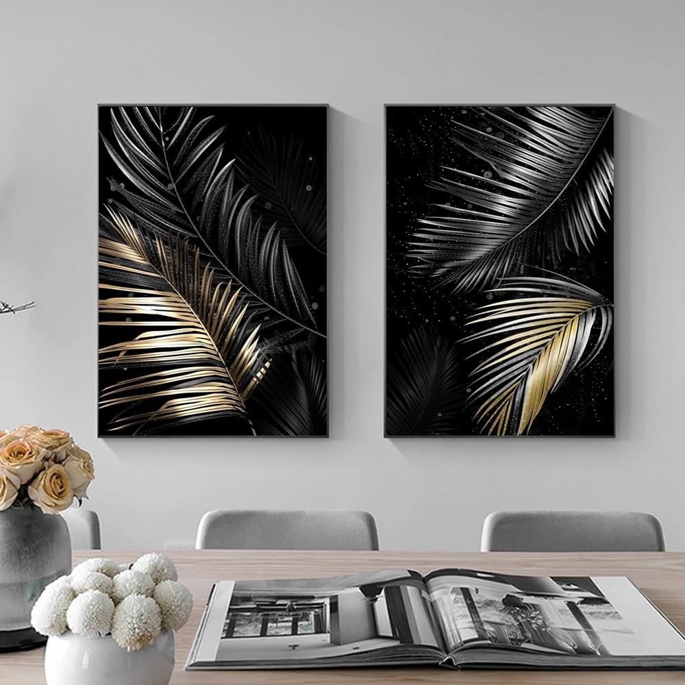 Wuhbcz Multicolored Pictures,Nordic Leaf Posters Abstract Black Golden Canvas Prints Painting Wall Picture For Living Room Modern Bedroom Office Home Decoration Artwork-50 * 60Cm*2Pcs (No Frame)