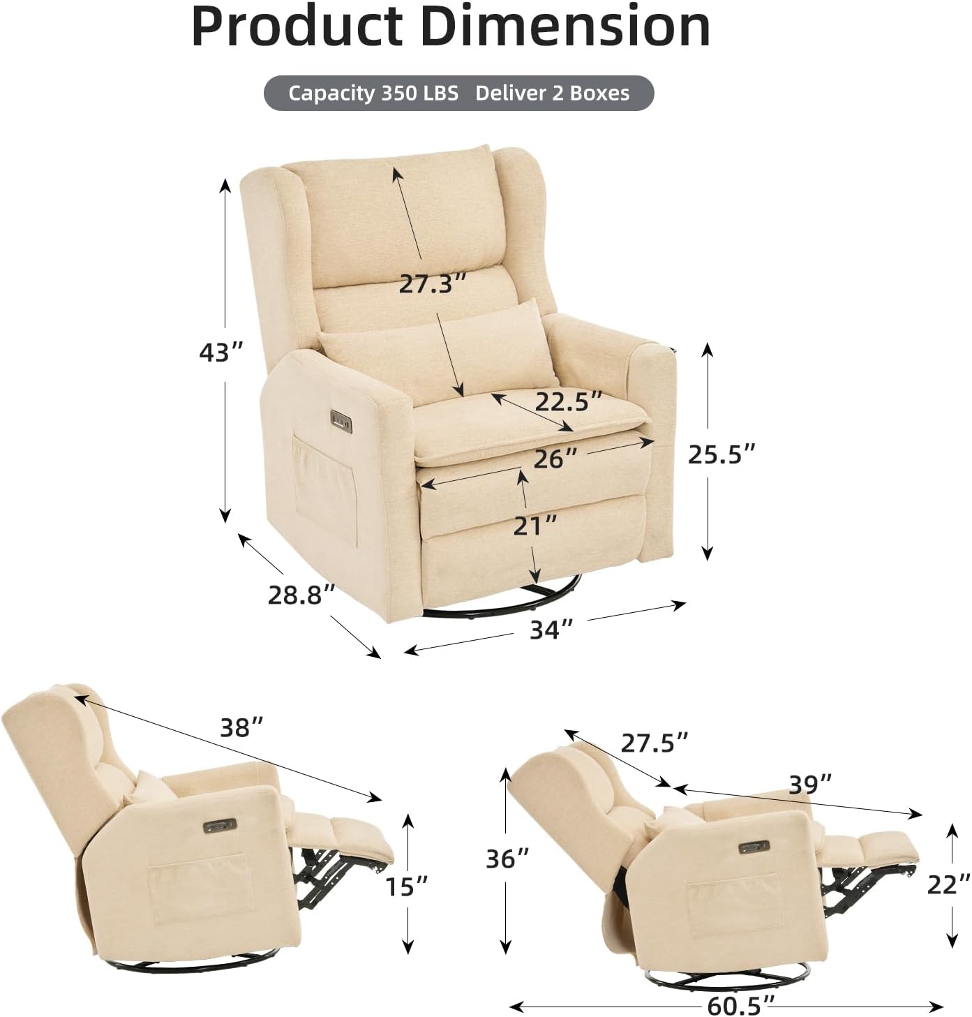 Oversized Swivel Rocker Recliner Chair, 26" Extra Wide Glider Nursery Chair with Adjustable Headrest, Chenille Power Recliner Rocking with Double Cushion, Cup Holder, Beige
