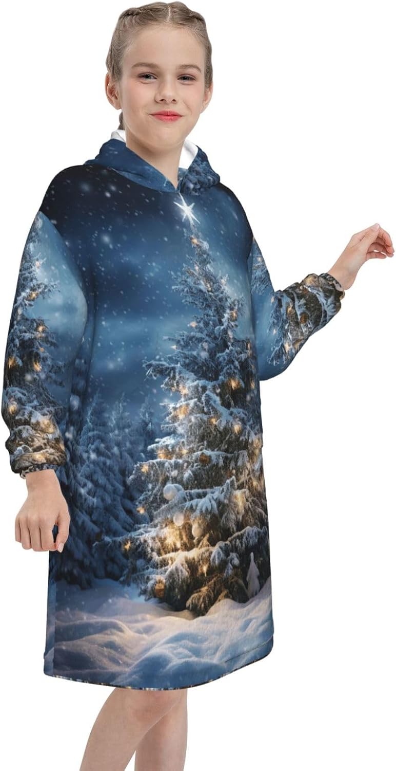 Christmas Tree Snow Print Oversized Blanket Hoodie, Wearable Blanket Hooded,Hooded Pullover With Pocket