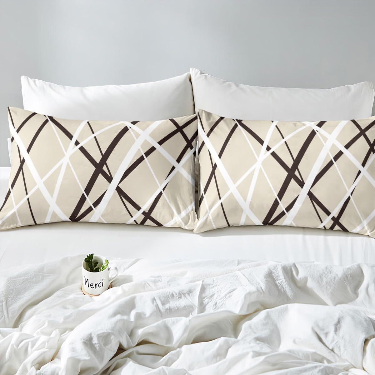 jejeloiu Kids Geometric Bedding Set Toddler Size, Khaki Duvet Cover Boys Girls Stripe LinesStripe LinesModern Art Teens Bedroom Decor Quilt Cover (No Comforter)