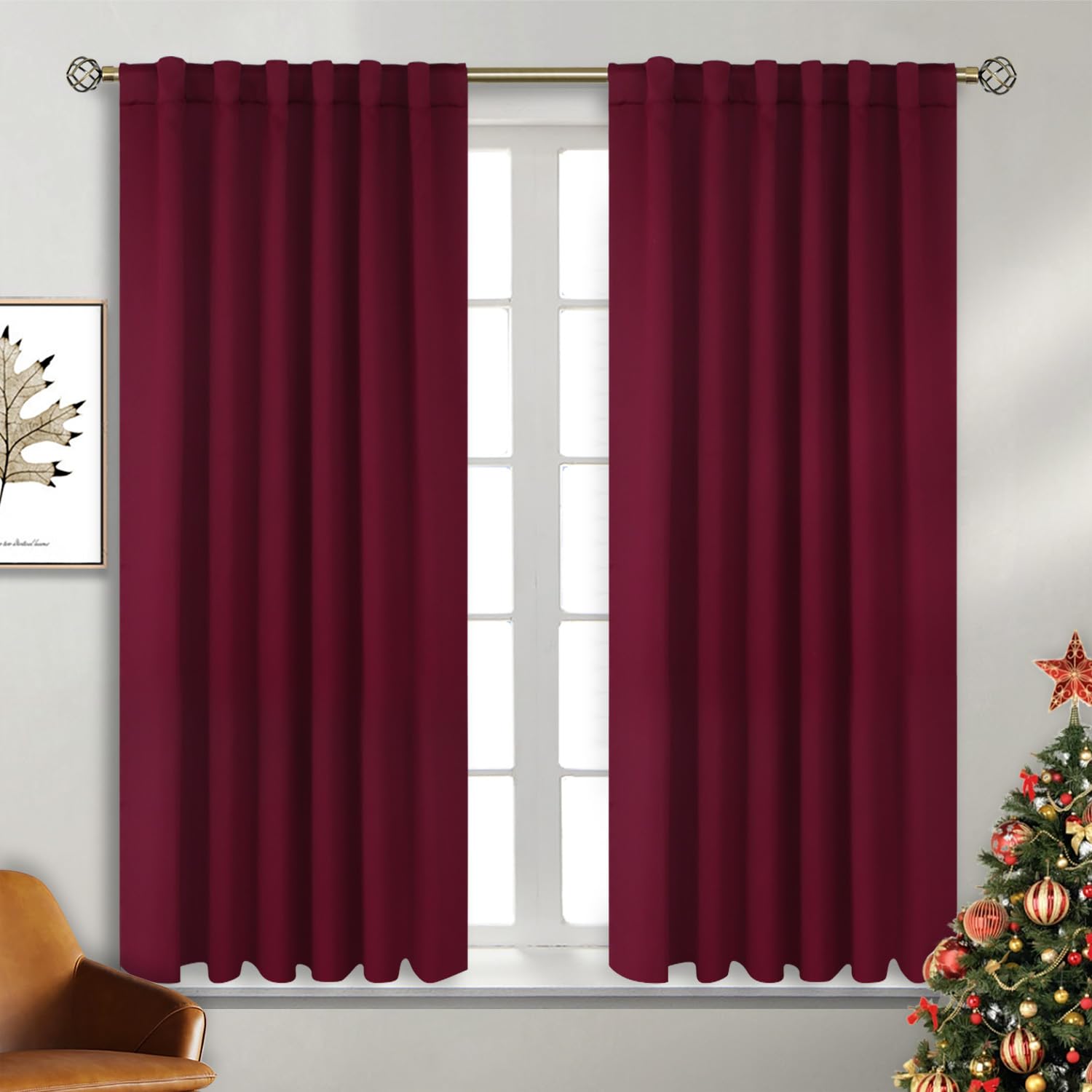 BGment Rod Pocket and Back Tab Blackout Curtains for Bedroom - Christmas Thermal Insulated Room Darkening Curtains for Living Room, 2 Window Curtain Panels (52 x 54 Inch, Burgundy Red) — image 1