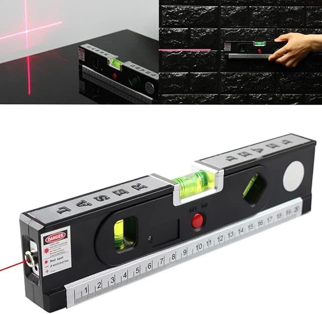 Laser Spirit Level  3 in 1 Multipurpose Self Level Retractable Double Sided Measuring Measure Tape  Horizon Cross Standard Aligner, Metric Ruler, Horizontal 180° Vertical 90°, 45°, ±0.029°=±1.0mm/m