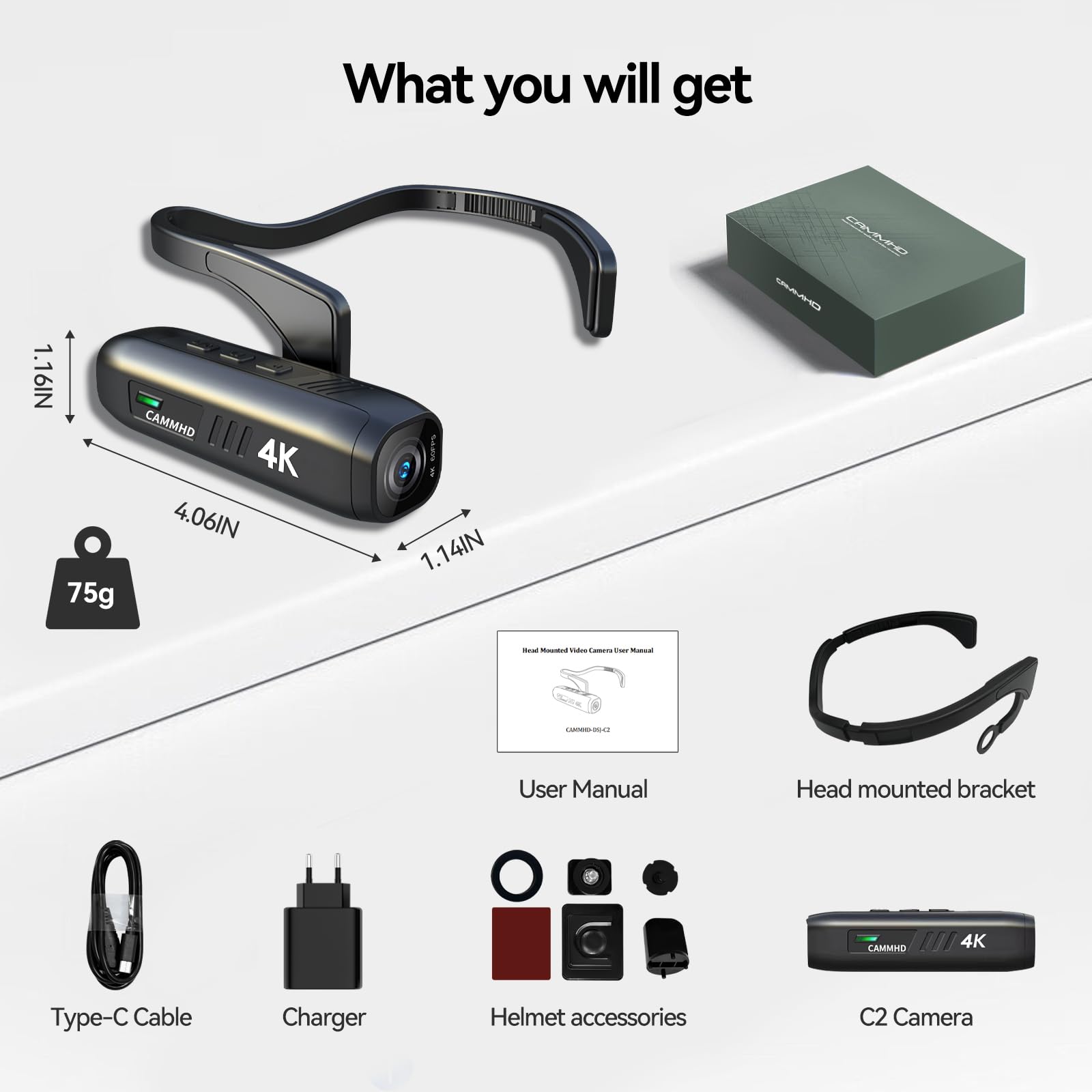 CAMMHD C2 Cámara de Video 4K, Cámara de Vlog para Llevar Puesta con Estabilizador de 6 Ejes, Grabadora con Control por App Wi-Fi (64G)