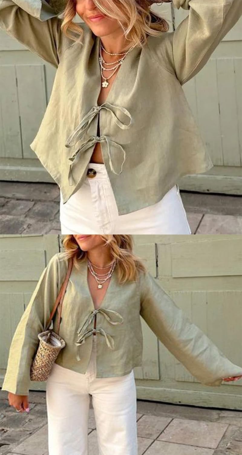Chvity Tie Front Tops for Women Y2K Linen Shirts Flare Sleeve V Neck Going Out Coquette Clothes Casual Lace Up Bow Blouses - Image 7