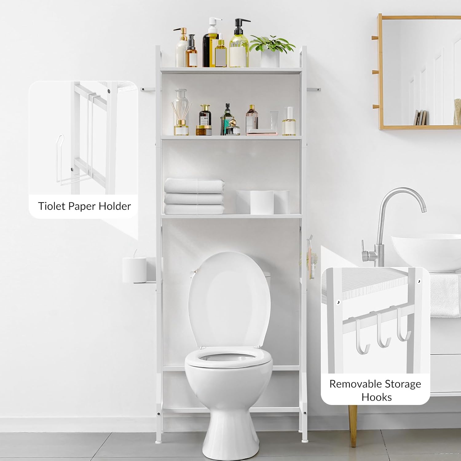 Over Toilet Storage 3-Tier Bathroom Shelf Organizer Multifunctional Above Toilet Storage Rack Freestanding Space Saver Behind the Toilet Shelf White Toilet Stand with Hooks and Toilet Paper Holder