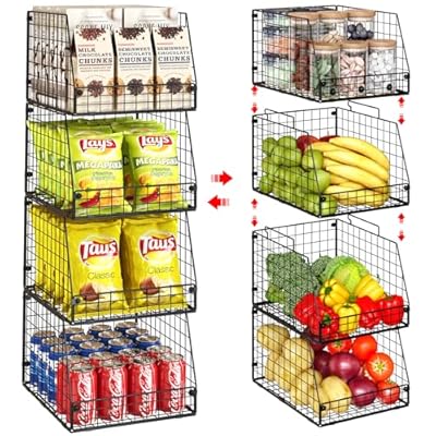 Jakyitvi 4 Pack XXL Stackable Wire Storage Basket, Extra Large Capacity Pantry Organizer and Storage, Muti-Purpose for Fruit Vegetable Basket & Toy Bin & Snack Organizer
