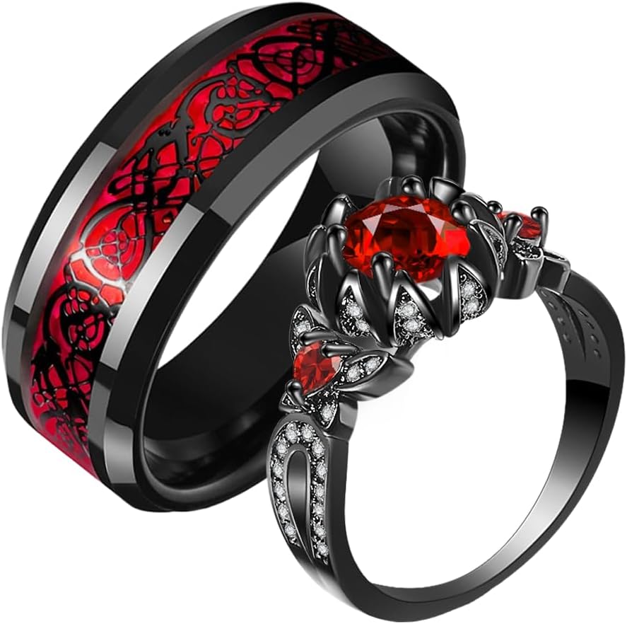Ruby Matching Couple Rings Bridal Sets His and Hers 925 Sterling Silver Black Couple Ring Set Wedding Engagement Band Set Women Men