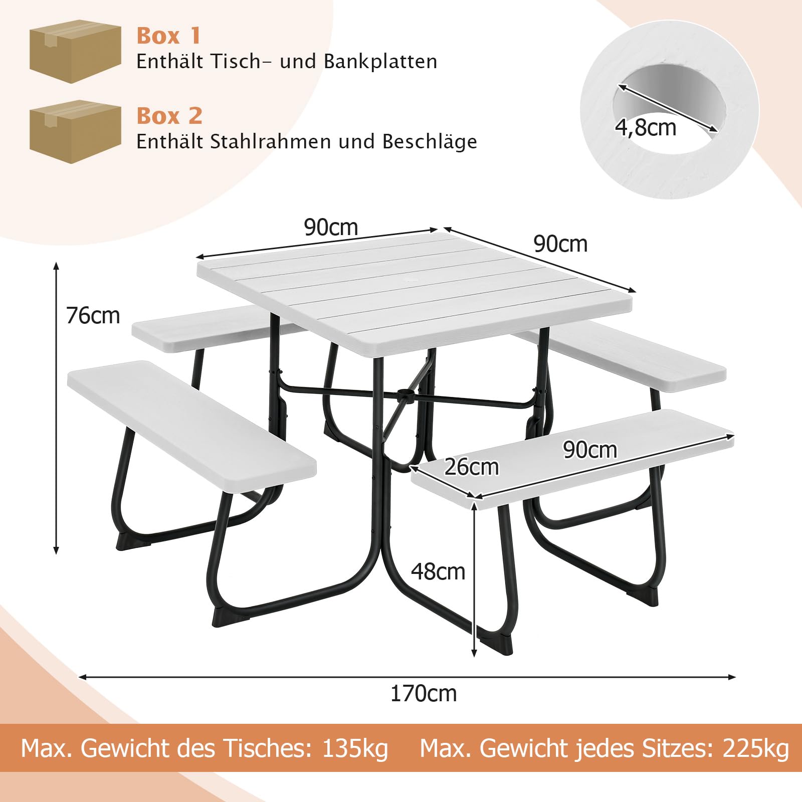 COSTWAY Zestaw do siedzenia dla 8 osób, stół piknikowy z otworem na parasol i 4 ławkami, kwadratowy stół ogrodowy, zestaw mebli ogrodowych, zestaw mebli ogrodowych, zestaw mebli do siedzenia do