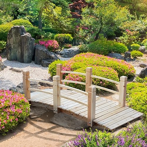 Generic 5 Ft Garden Bridge Outdoor Wood Landscape Bridge Wooden Arch With Safety Rails Garden Bridge Arc Footbridge Bearing 400 Lbs For Outdoor Garden Yard Backyard cover