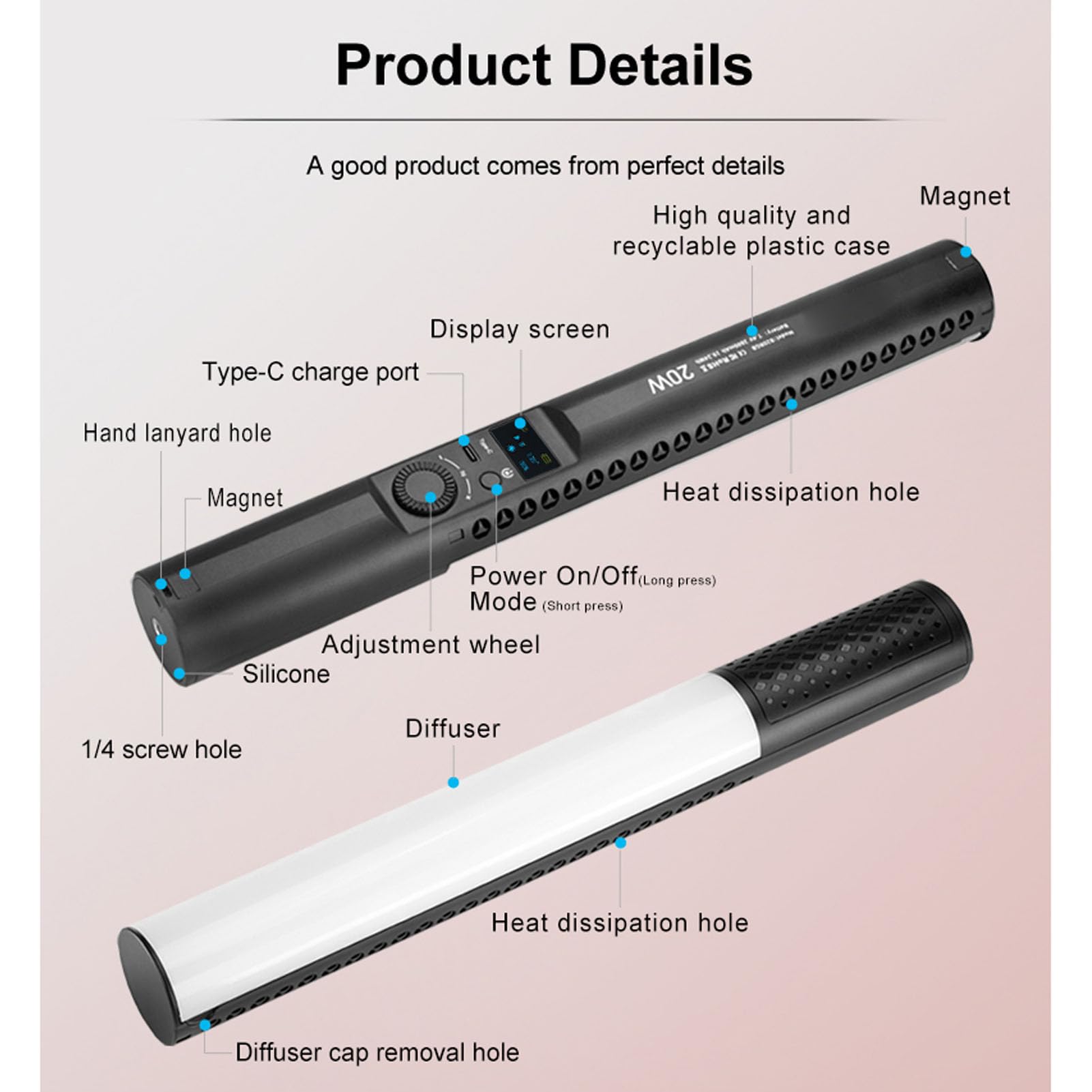 Jectse Bacchetta Luminosa LED RGB, Stick Luminoso Video RGB 20W 360° per Fotografia, Tubo Luminoso Dimmerabile per Fotocamera Portatile 1800K-9000K 2600mAh Ricaricabile per Giochi in