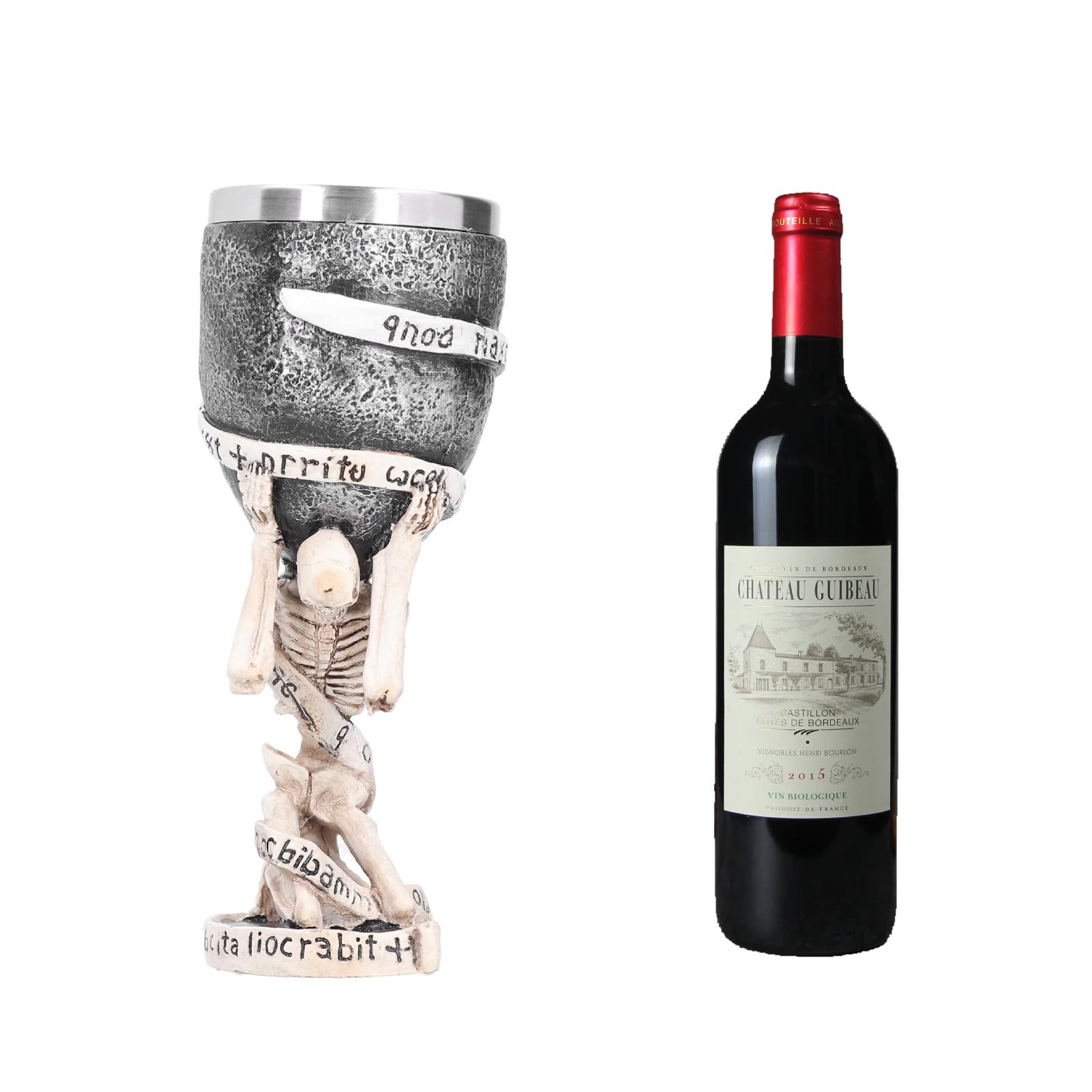 Medieval Double Skull Goblet,Skull Wine Chalice Cup,Resin Stainless Steel Skeletal Wine Goblet Party Bar Drinkware Decoration