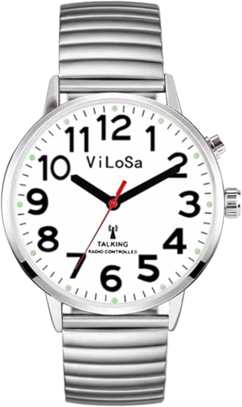 Ladies English Talking Watch Speaks The Time, Date or Alarm time for Elderly, Impaired Sight or Blind. with Luminous Display -White Face-Black Numbers with Stainless Expand Strap