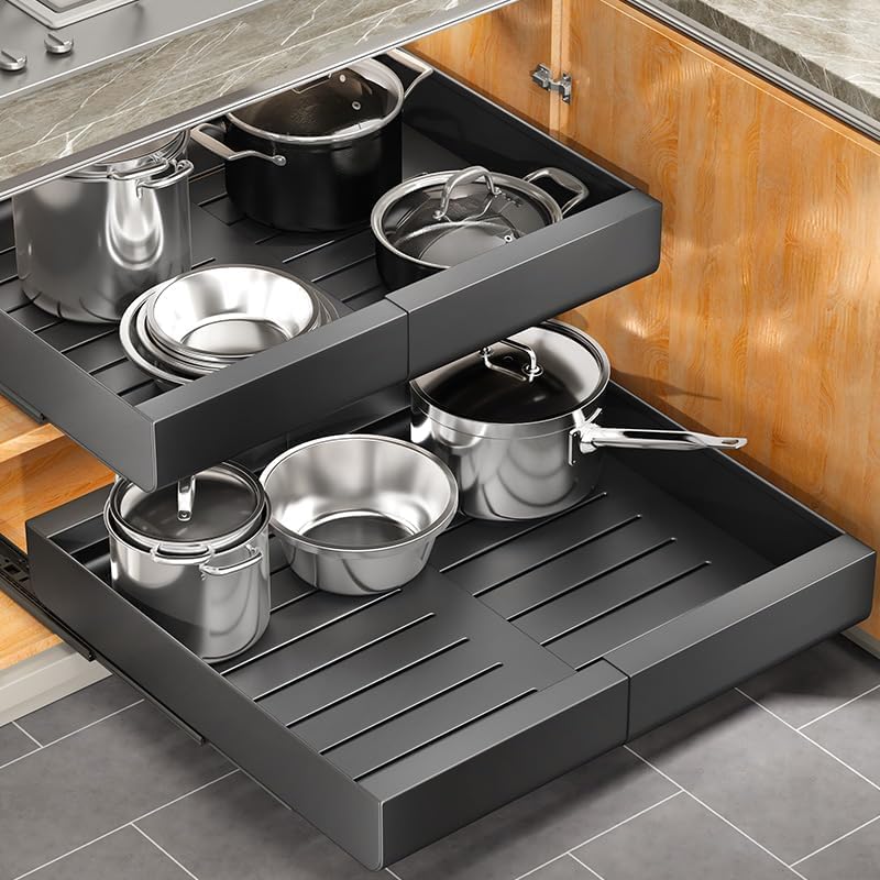 Pull out Cabinet Organizer, Expandable(11.7"-19.7") Heavy Duty Slide out Drawers Fixed with Adhesive Nano Film for Pots, Roll out Shelf Storage for Kitchen Base Cabinet Organization(Black)