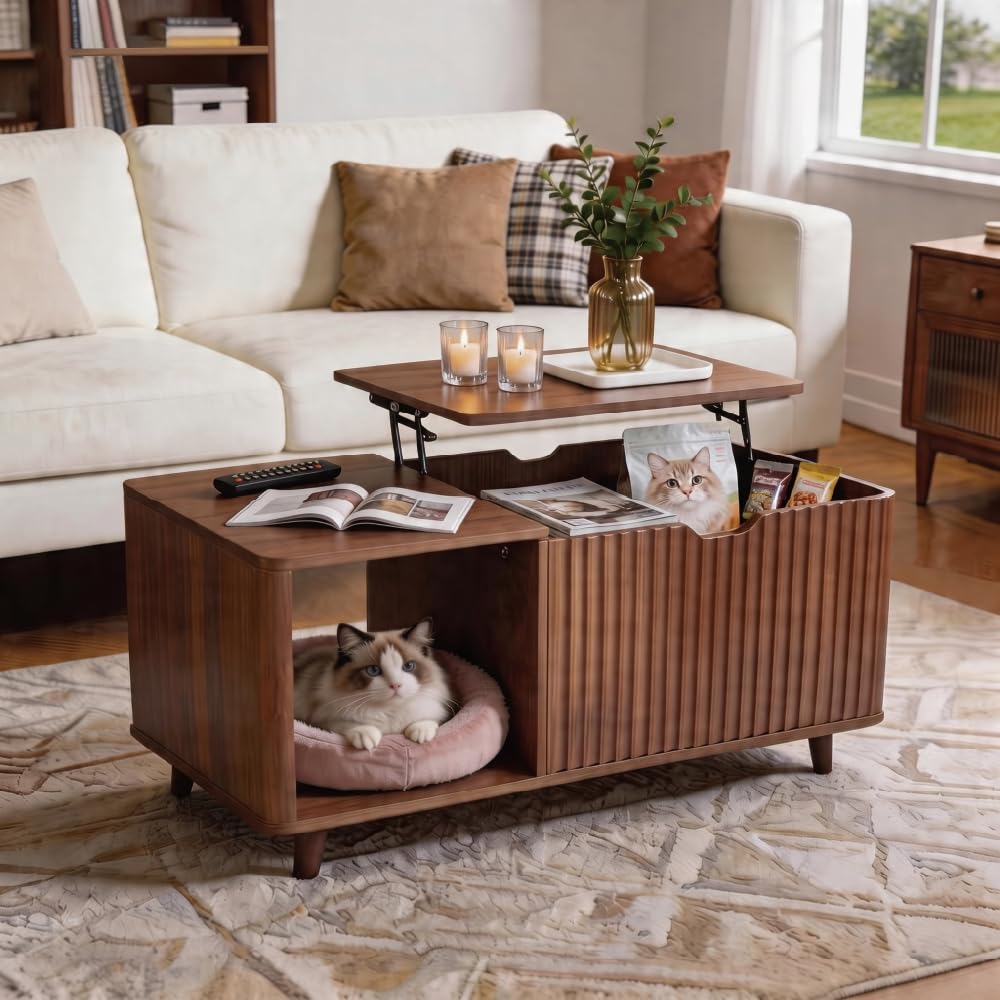 DAWYNIELD Mesa de Centro Elevable, Diseño Acanalado – con Compartimento Oculto y Cajón, Mesa de Madera con Estante Abierto, Mesa de Comedor Ahorradora de Espacio para Salón, Color Roble