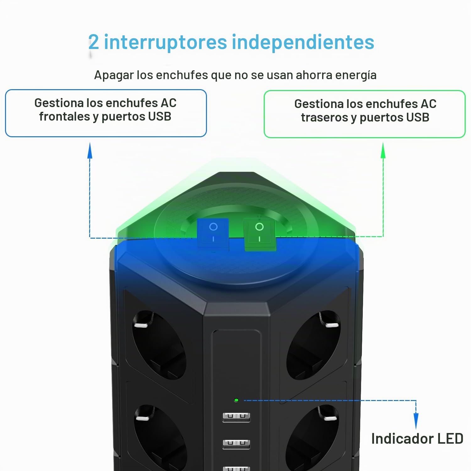 TOPREK Torre Regleta Enchufes con USB, 12 Tomas, Protección Sobretensiones