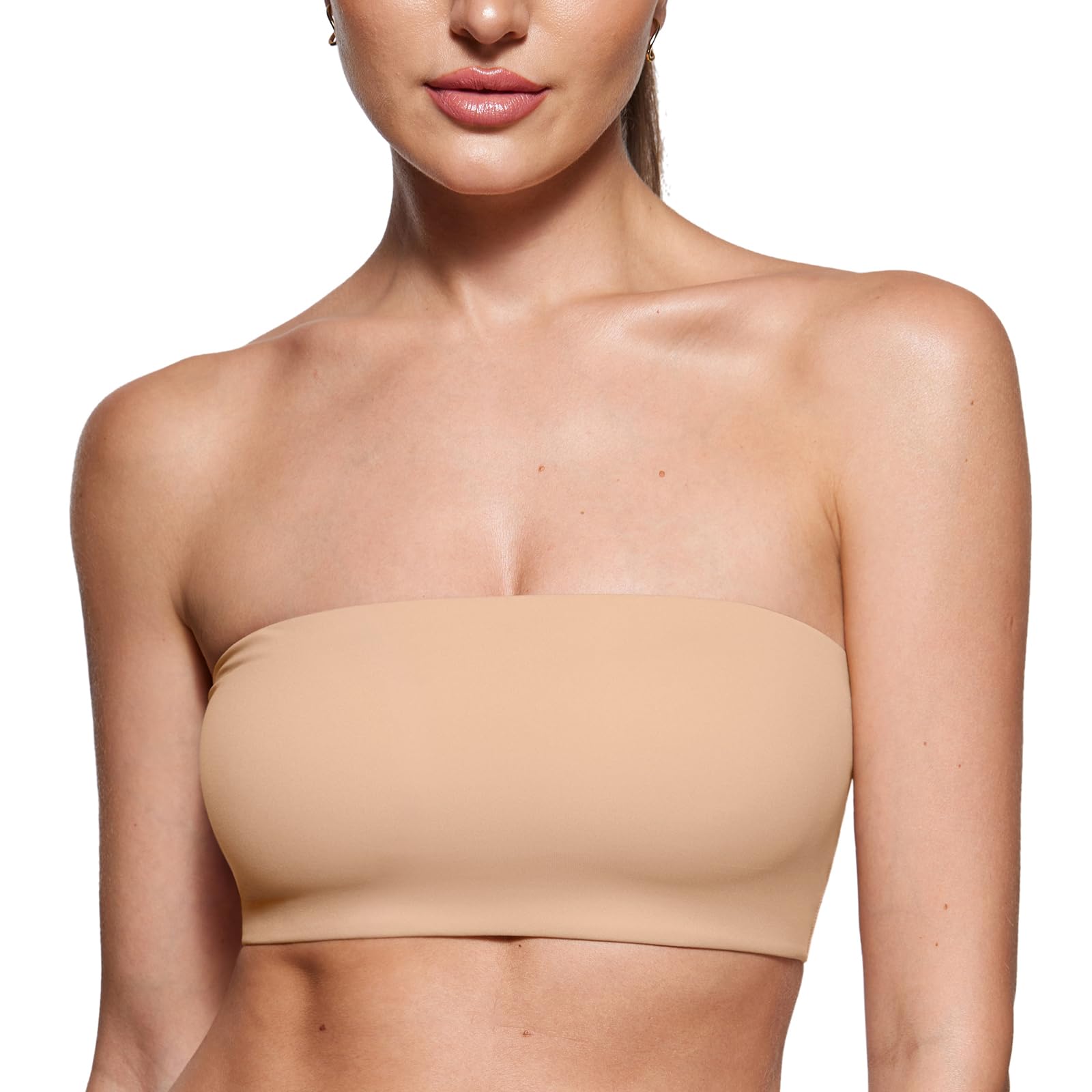 INLYRIC Women's Inbarely Strapless Bandeau Bra Tube Top Seamless Comfort Boob Tube Stretchy Non Padded Bralette Warm Beige XXL