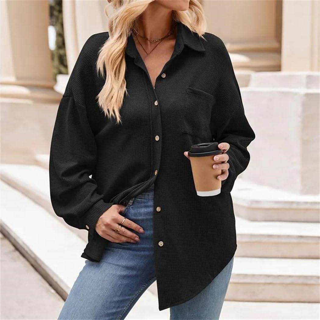 Women's Waffle Loose Shirts Long Sleeve Button Down Solid Blouses Work Office Elegant Tops with Pockets