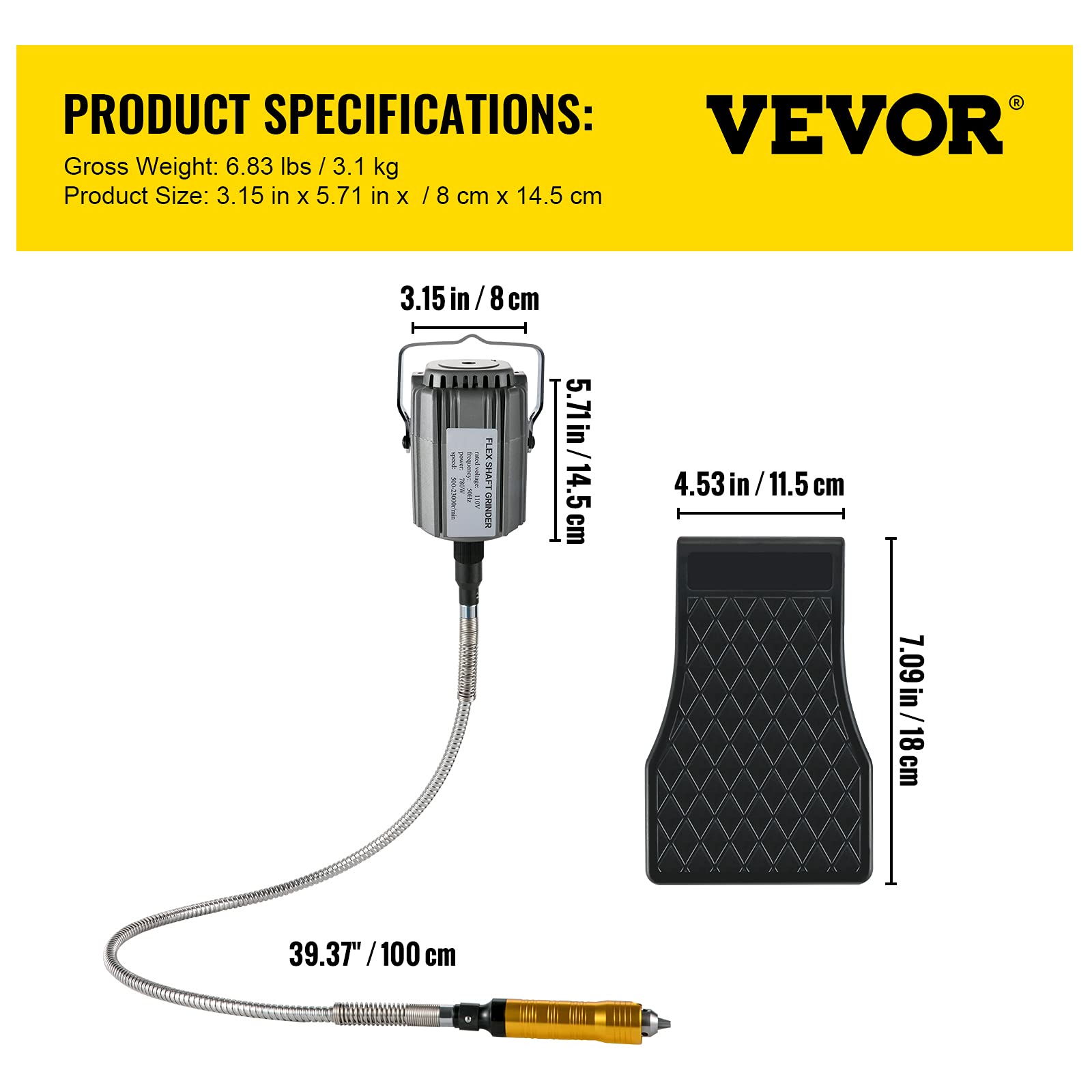 VEVOR Albero Flessibile con Mandrino per Trapano, Potenza 780 W 220 V 500-23000 RPM Smerigliatrice Elettrica con Albero Flessibile per Diversi Materiali Come Metallo, Legno, Pietra, Gioielli, ecc.