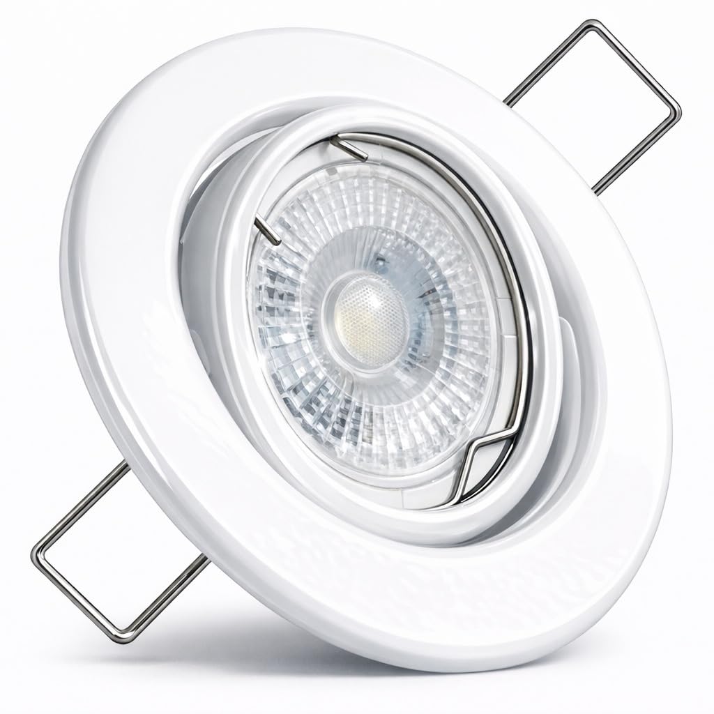 LED Einbaustrahler 12V, 5er Set, schwenkbar, 3W MR16, inkl. Trafo & 120 cm Kabel (AMP), 250 lm, 55 mm Einbautiefe, IP20 – ideal für Wohnräume, Küche & Flur, Deckenstrahler in Weiß