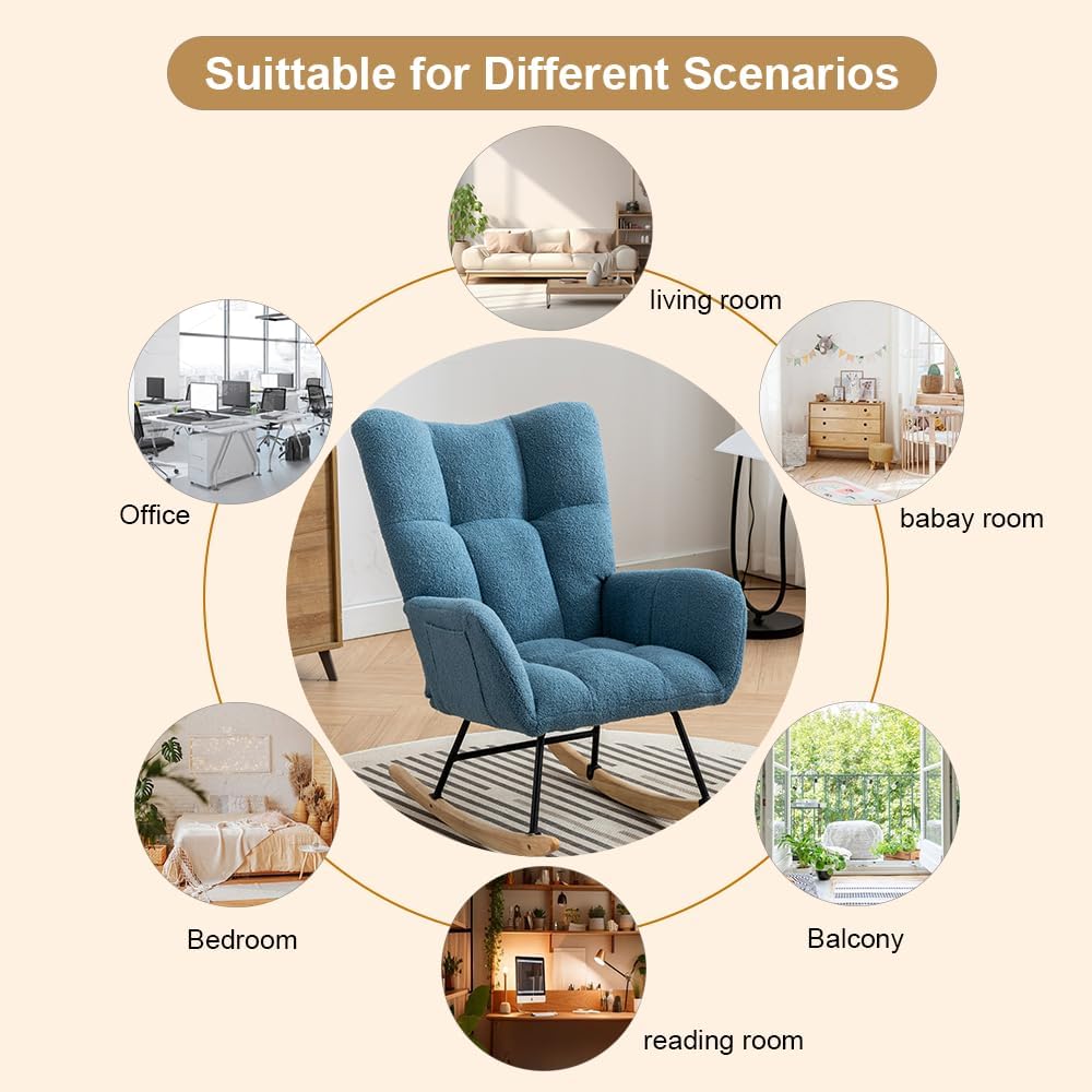Rocking Chair Nursery, Teddy Upholstered Glider Rocker with High Backrest, Reading Chair Modern Rocking Accent Chairs Glider Recliner for Living Room, Nursery, Bedroom,Blue, W1372120796