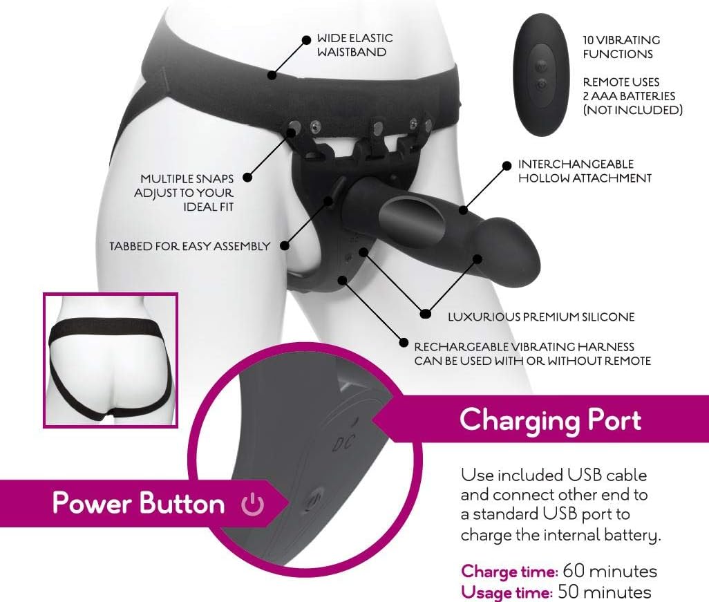 Doc Johnson Body Extensions - BE Aroused - Hollow Strap-On System - Remote Operated Vibrating Silicone Harness with Elastic Waist Band and Bulbed Hollow Dildo