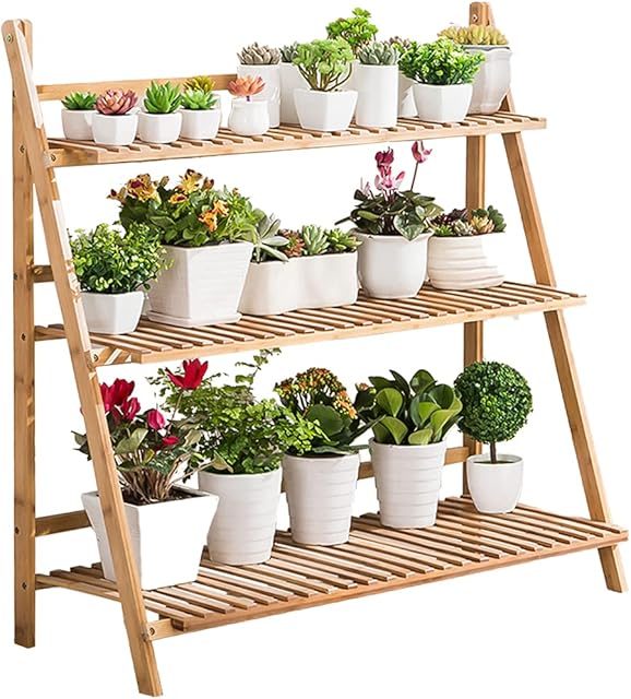 unho 3 Tier Bamboo Plant Stand Outdoor Indoor Flower Stand Folding Plant Display Stand Ladder Shelf Corner Planter 100CM