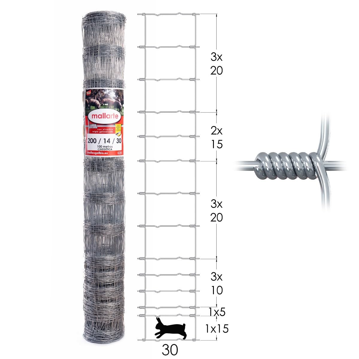Malla Anudada Galvanizada Reforzada 3 ZN - Cinegética | Rollo: 100m | Alto: 100cm | Diámetro: 34cm