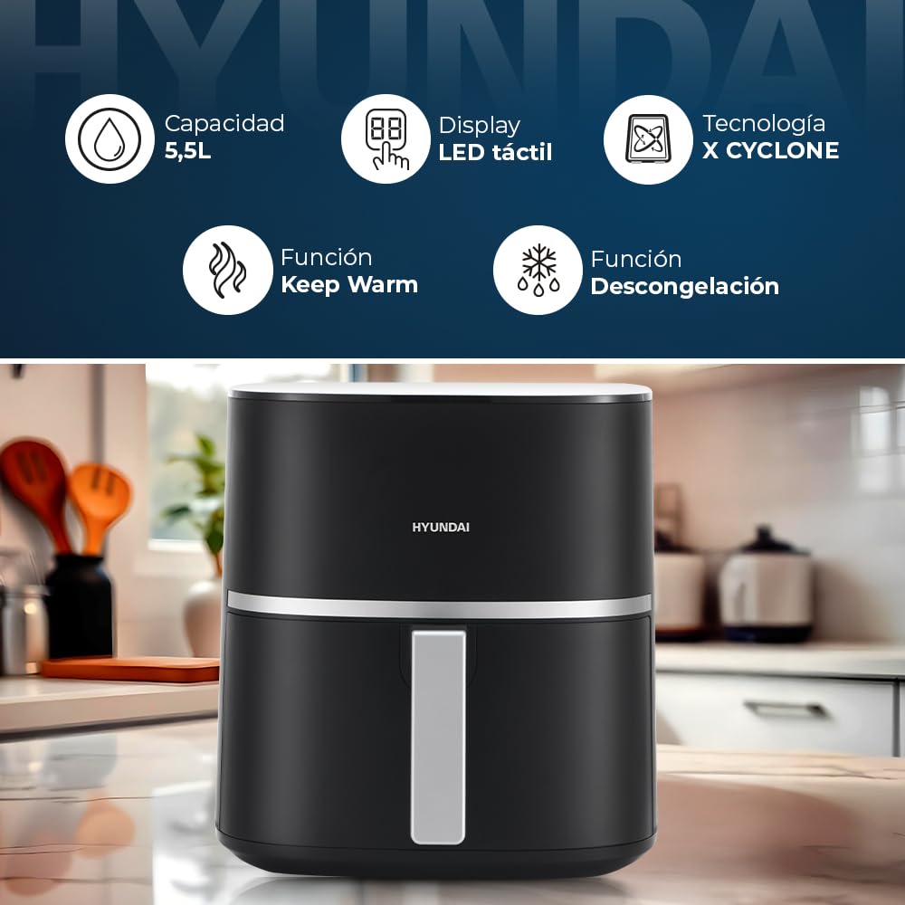Hyundai Freidora de Aire sin Aceite 5,5 Litros, Air Fryer HAF5500D. 1600 W, 10 Programas, Negro