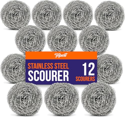 Image of Topest Stainless Steel Scourer | 12 Pack | Dish Washing Up Pot Scrubber | Heavy Duty Sponge Spiral Scourer Scrubbing Pad | Household Cleaning Tools Accessories
