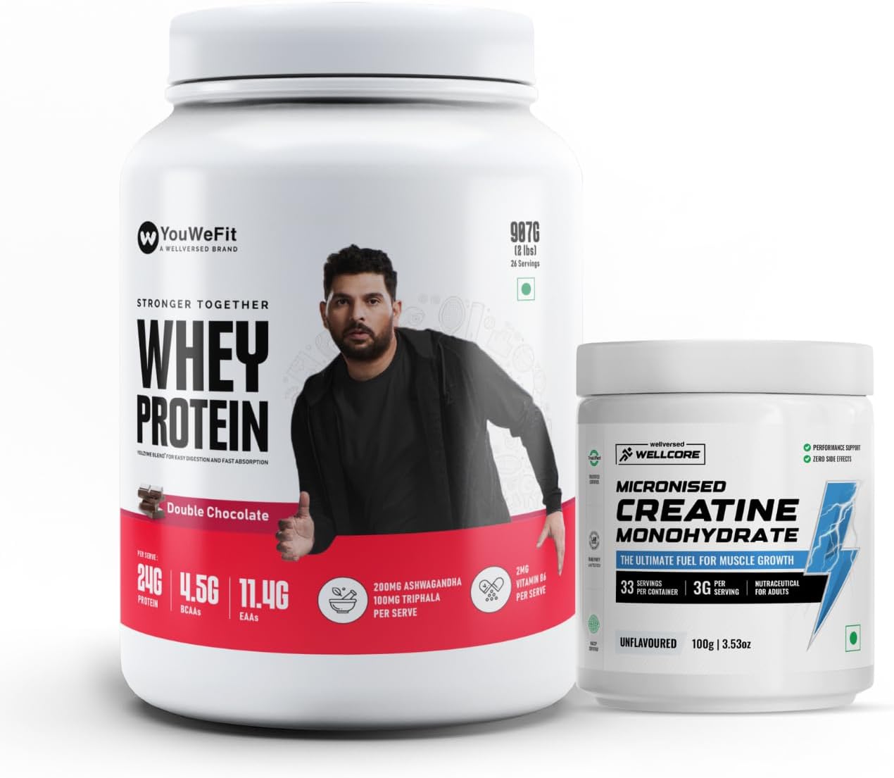 YouWeFit -Whey Protein 2lbs + Creatine 100g |Double Chocolate| 24g Protein, 4.5g BCAA | Easily Digestible | Protein Powder for Men and Women