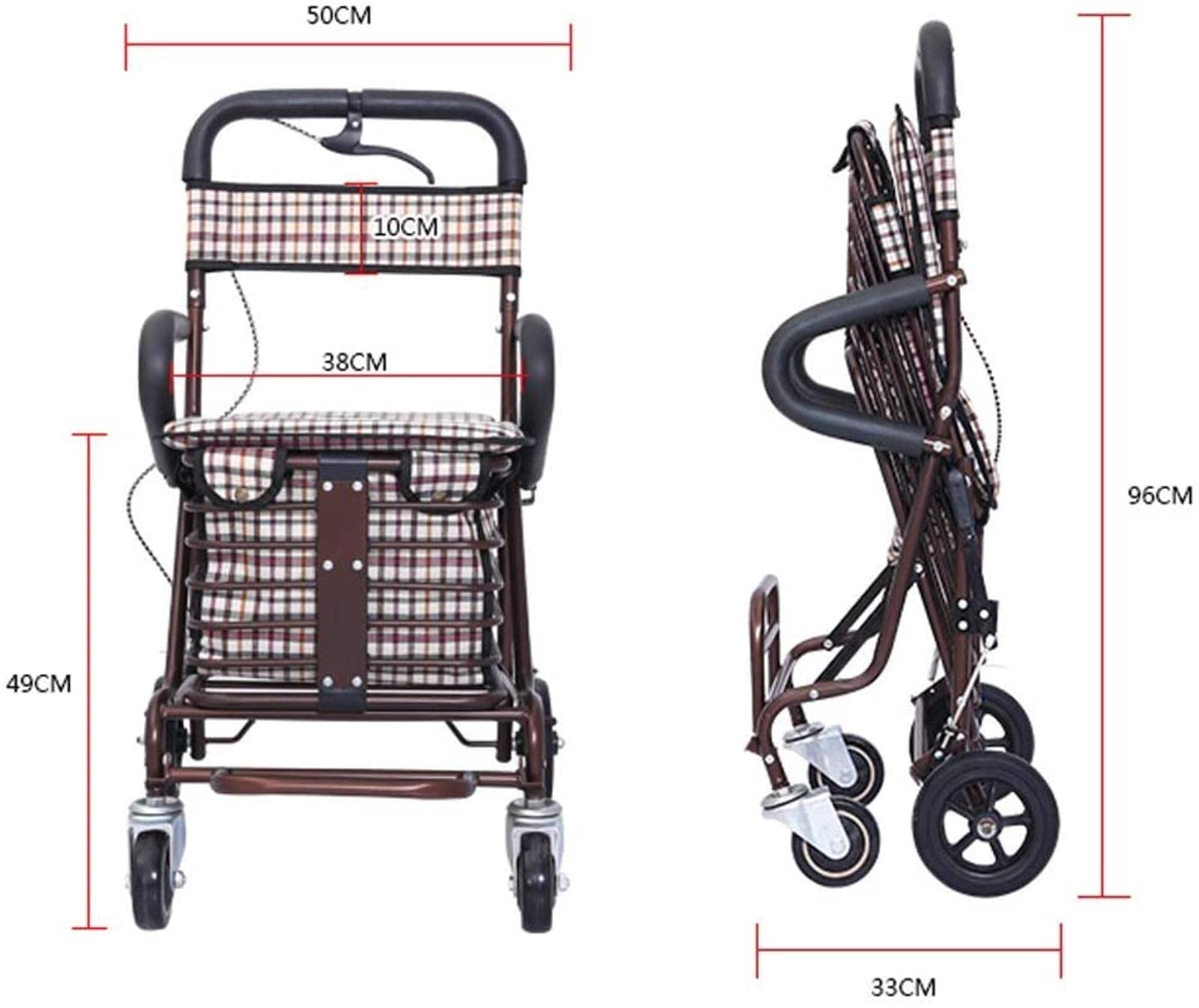 Rollator Walker - Carrito de la compra para ancianos, andador, casual con asiento, plegable ajustable de tres pasos, cuatro ruedas de alta capacidad