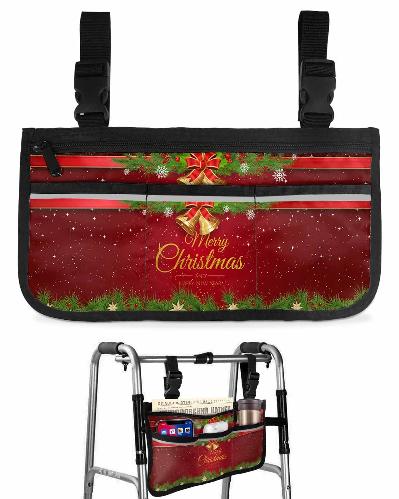 Anzona Red Merry Christmas Wheelchair Side Bag Walker Bag, Happy New Year Bell Snowflake Pine Wheelchair Accessories Armrest Pouch, Organizer Storage Bag for Walkers, Rollators, Scooters, 7.3''x13''