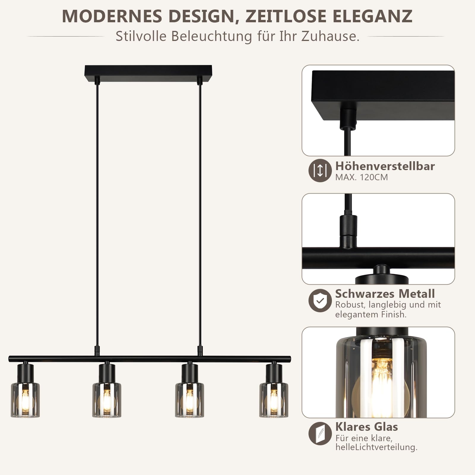 Hängelampe 4 flammig Pendelleuchte esstisch - Vintage Esstischlampe hängend Schwarz industrial Hängeleuchte Glas E14 retro Esszimmerlampe Pendellampe für Esszimmer Küche (Ohne Leuchtmittel)