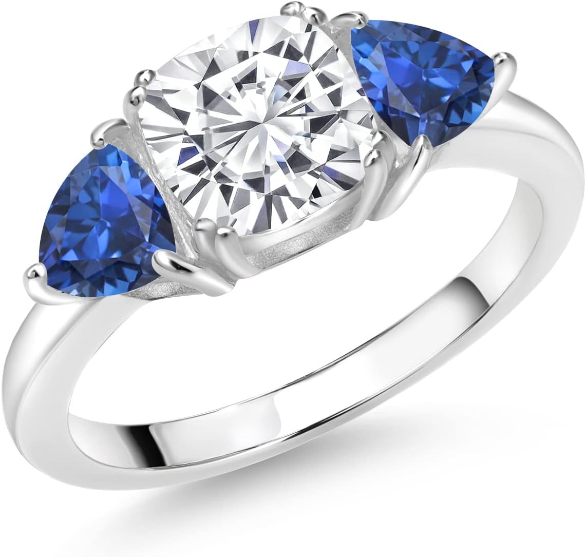 Gem Stone King 925 Sterling Silver White Moissanite and Blue Created Sapphire 3 Stone Engagement Ring For Women (2.78 Cttw, Gemstone Birthstone)