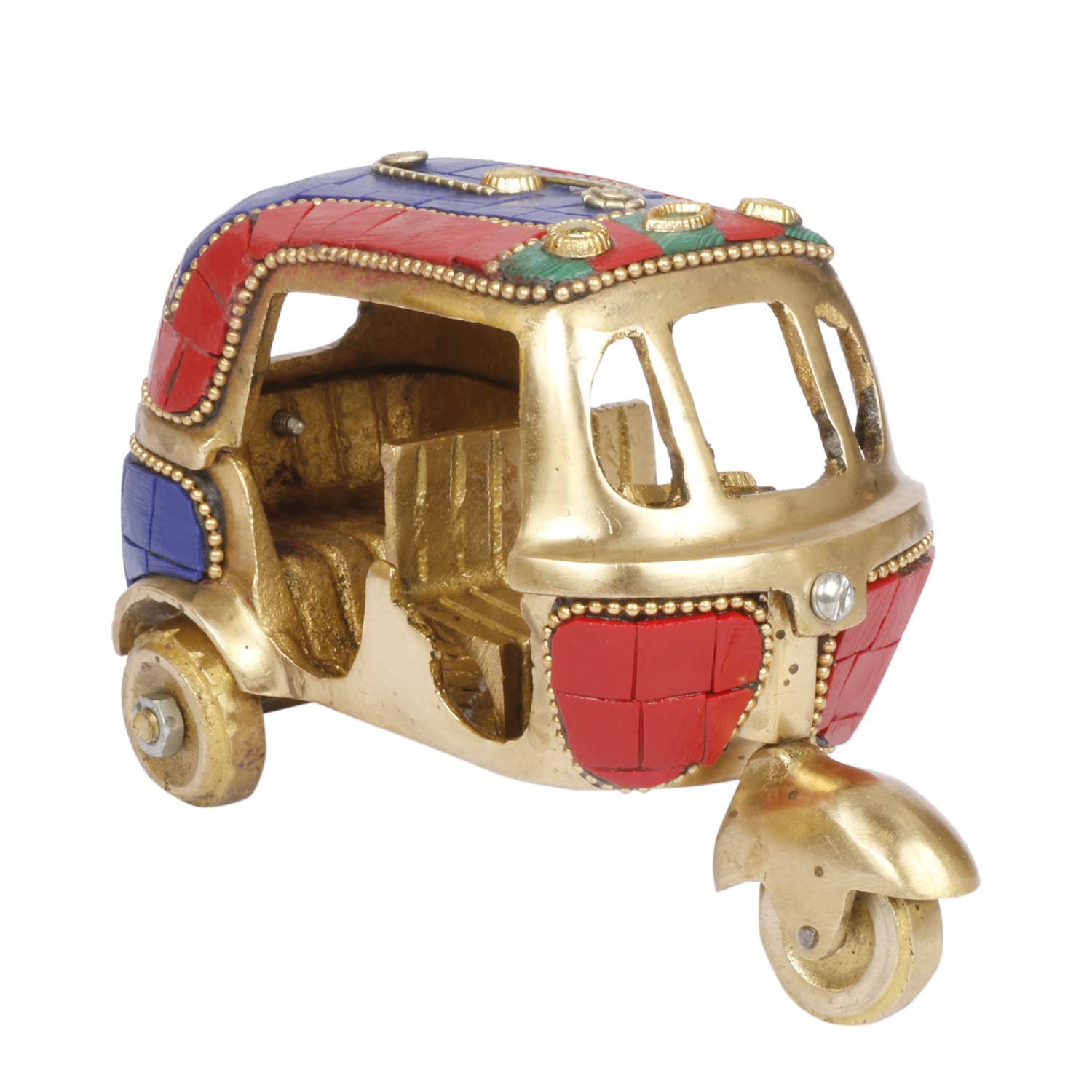 Kartique Brass Auto Rickshaw Indian Collection Handicraft Items Home Decor Showpiece Gift Stone Studd Tuk Tuk Vehicle (Blue)
