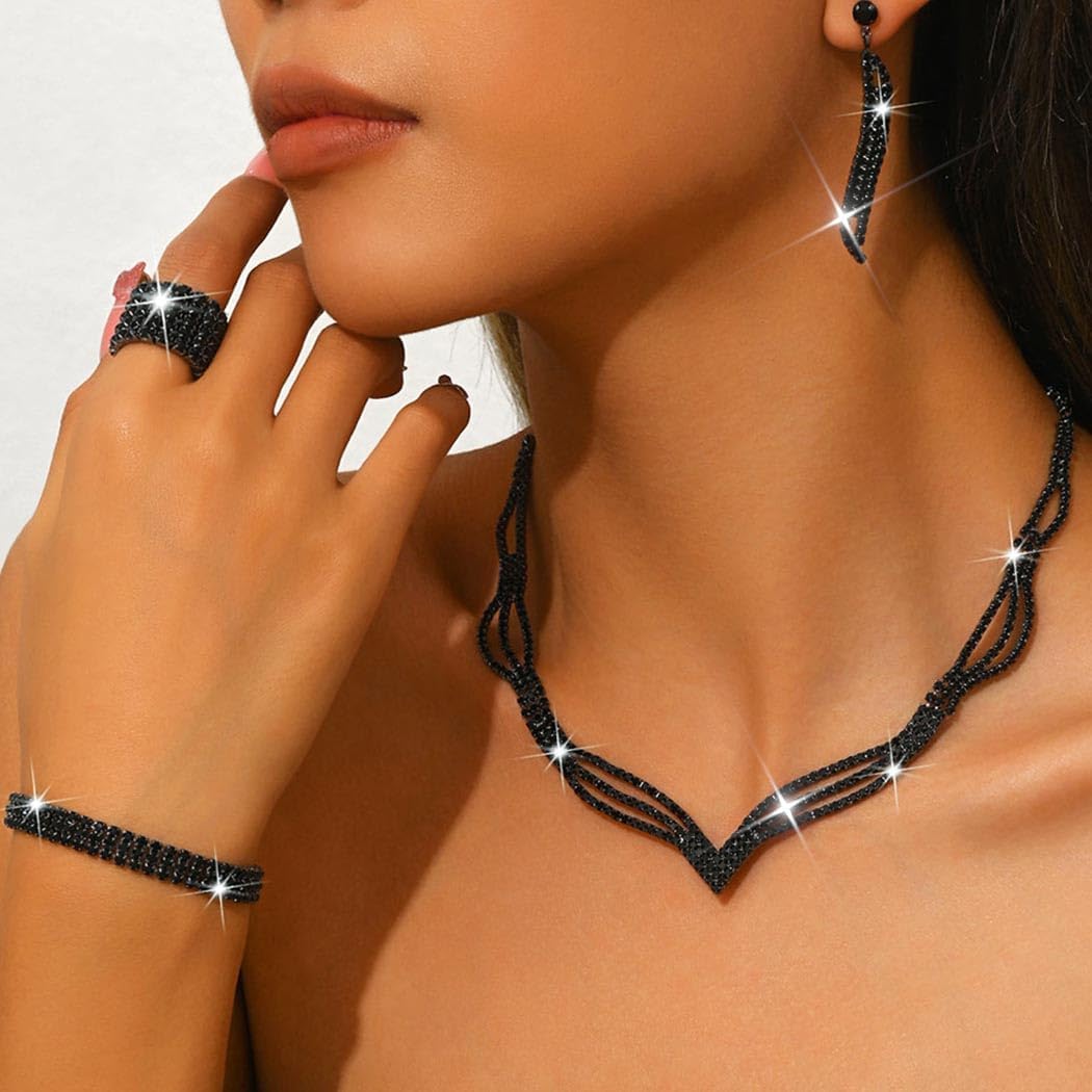 Unicra Rhinestone Bridal Wedding Jewelry Sets Black Necklace Earrings Bracelet Ring Set Prom Formal Costume Jewelry Set for Women and Brides - Image 3