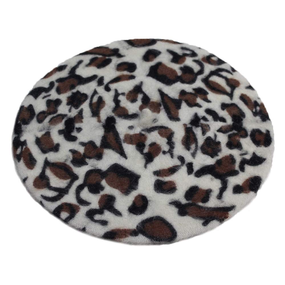 YAKEFJ Women’s French Style Vintage Leopard Print Wool Soft Winter Warm Beret Beanie Hat White