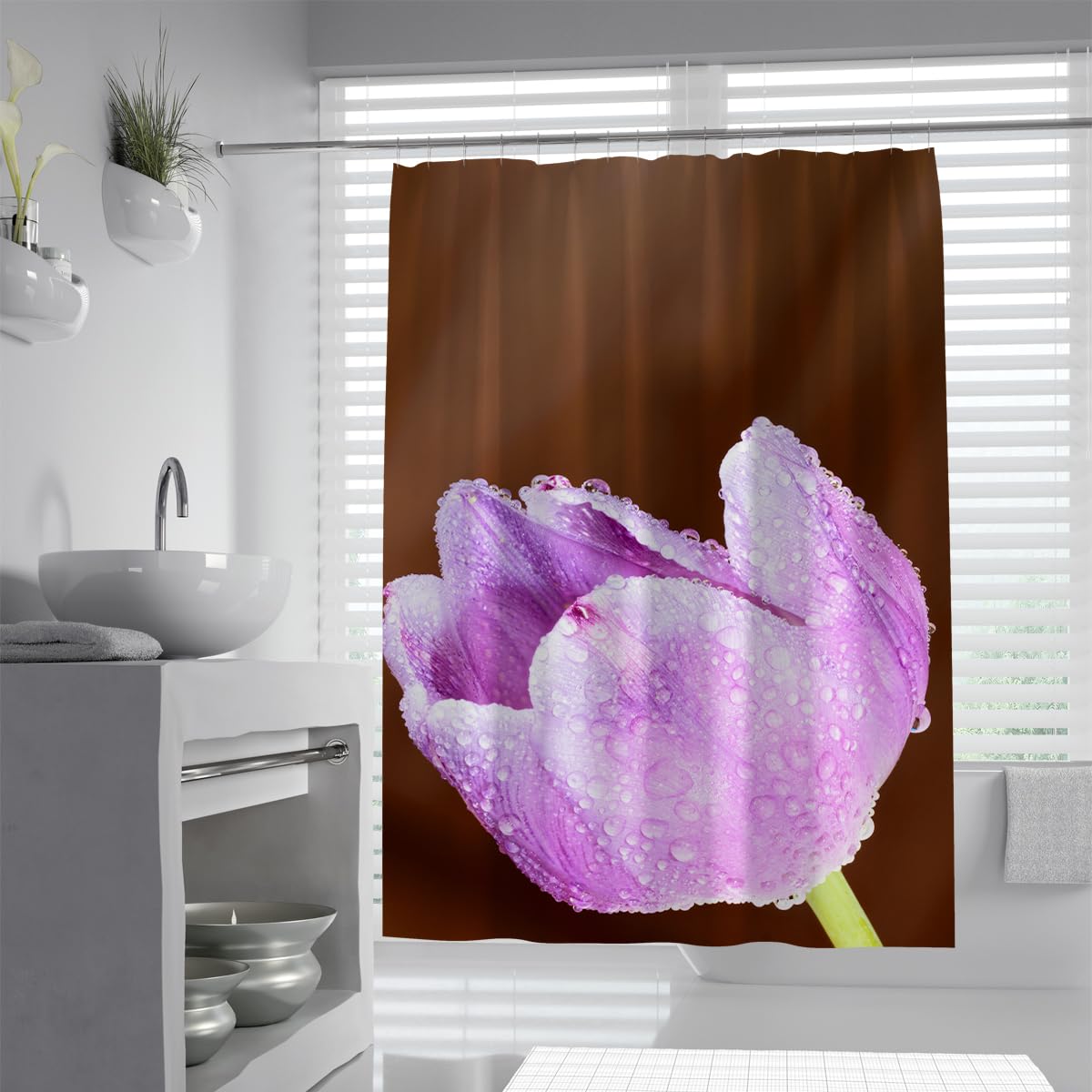 UIRINGART Purple Tulip Dewdrops Shower Curtain W200xL200cm Elegant Blossom Flower Petal Waterproof Anti Mould Bath Drape with Hooks